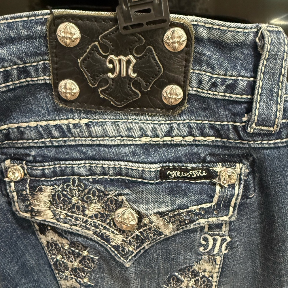 Miss Me Blue Jeans with Decorative Stitching and Embellishments